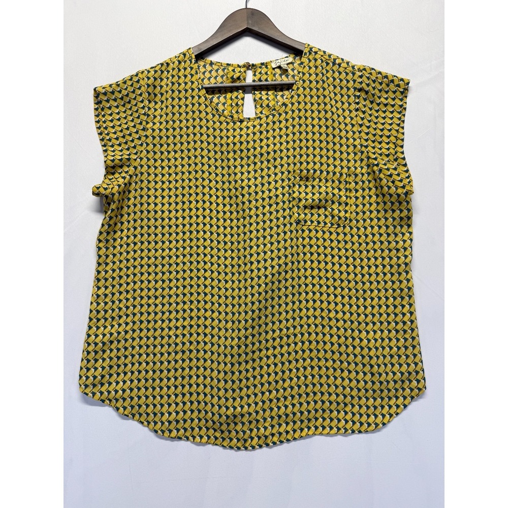 Lily White Blouse Top Womens XL Yellow Geometric Print Cap Sleeve Keyhole Back